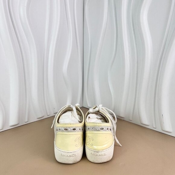 Chanel White Leather Perforated Lace-Up Sneakers With Yellow Toe Cap & Heel Acce - Picture 4 of 8